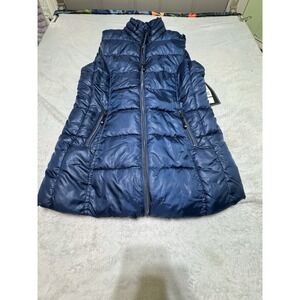 Big Chill Long Cire Puffer Vest Size Medium Women Full Zip Navy Blue  NEW